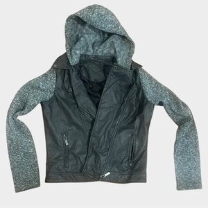 Gray Faux Leather Jacket with Knit Sleeves and Removable Hood